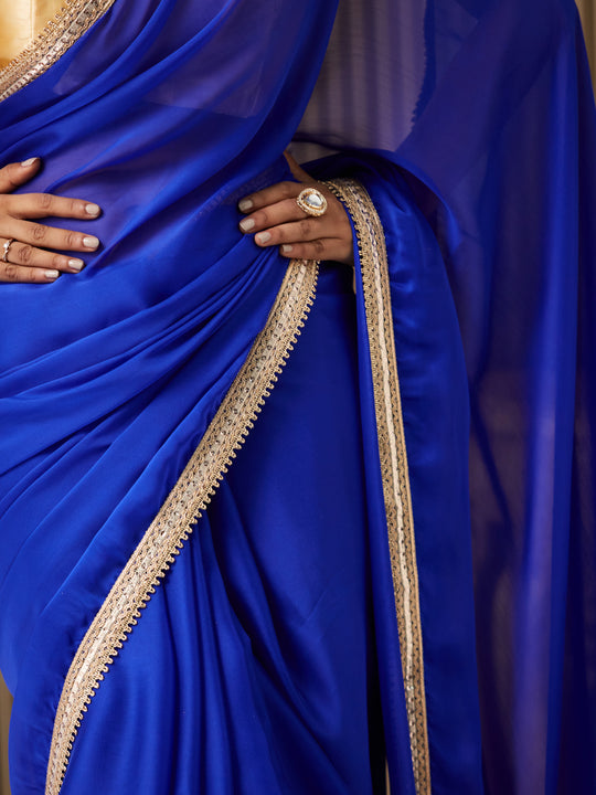 Blue Satin Solid Saree With Blouse Piece