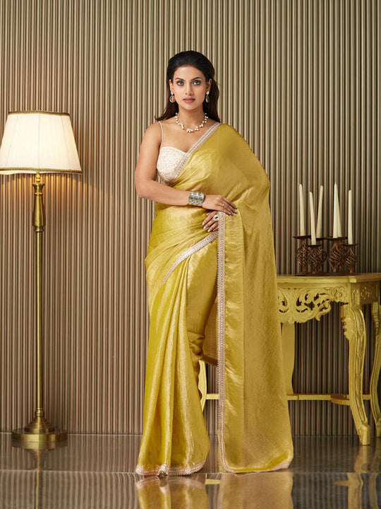 Gold Chiffon Embellished Saree With Blouse Piece