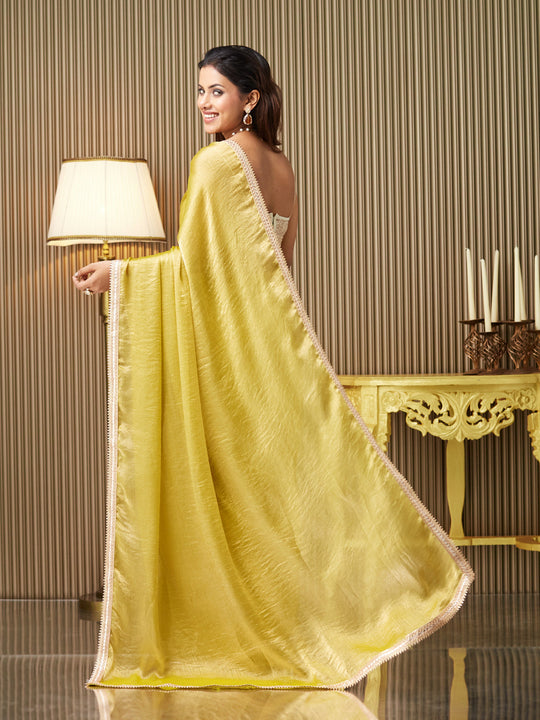 Gold Chiffon Embellished Saree With Blouse Piece