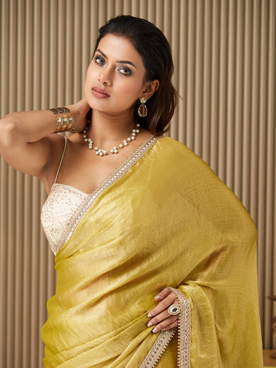 Gold Chiffon Embellished Saree With Blouse Piece
