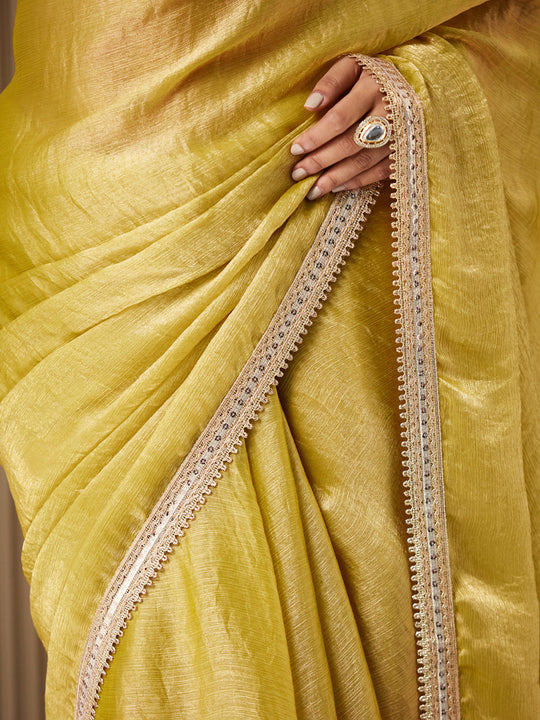 Gold Chiffon Embellished Saree With Blouse Piece