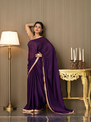Purple Satin Solid Saree With Blouse Piece