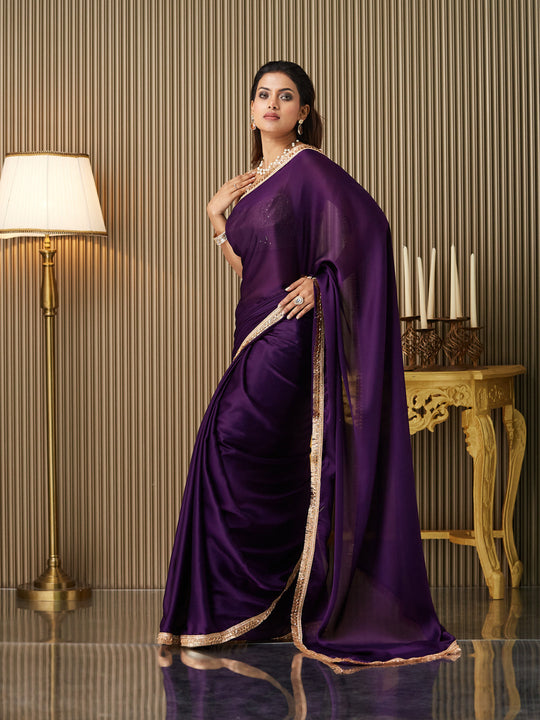 Purple Satin Solid Saree With Blouse Piece