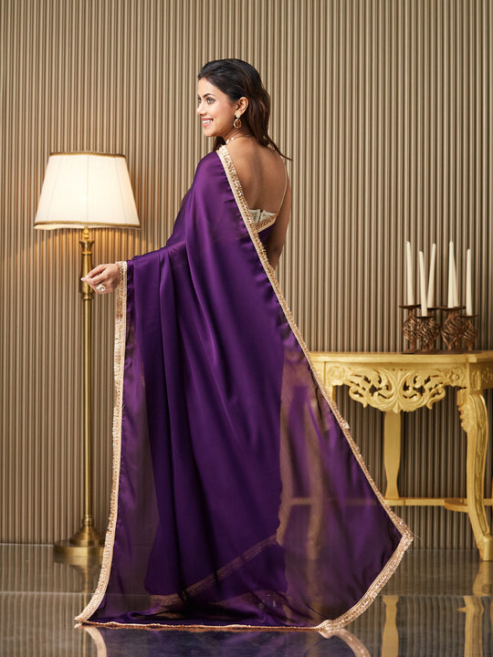 Purple Satin Solid Saree With Blouse Piece