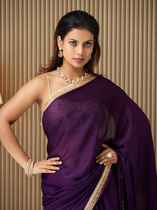 Purple Satin Solid Saree With Blouse Piece