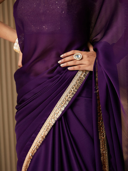 Purple Satin Solid Saree With Blouse Piece