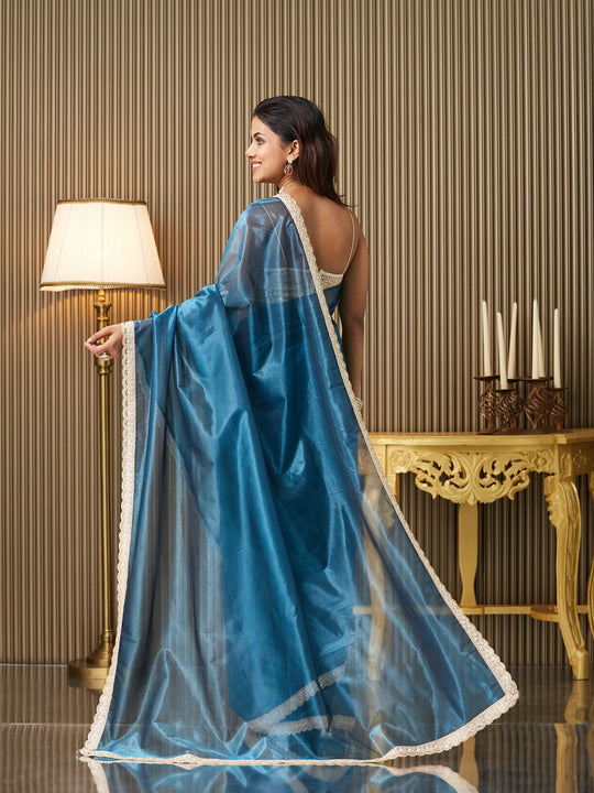 Turquoise Blue Organza Embellished Saree With Blouse Piece
