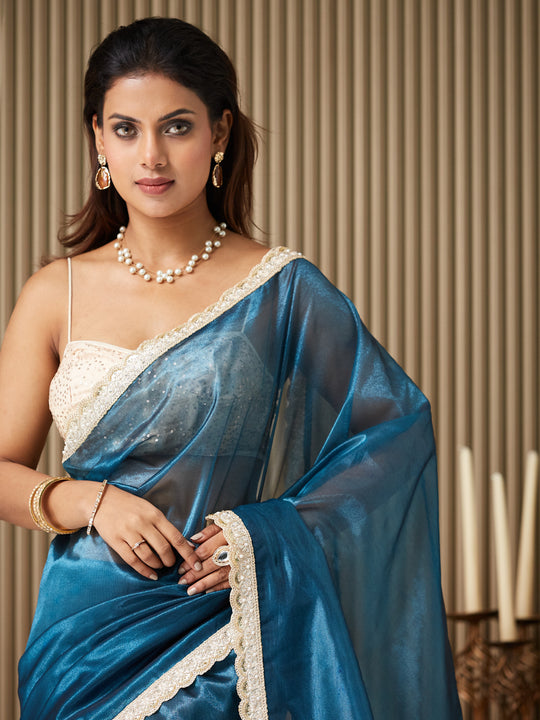 Turquoise Blue Organza Embellished Saree With Blouse Piece