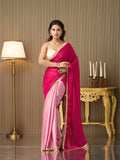 Red Chiffon Colourblocked Saree With Blouse Piece