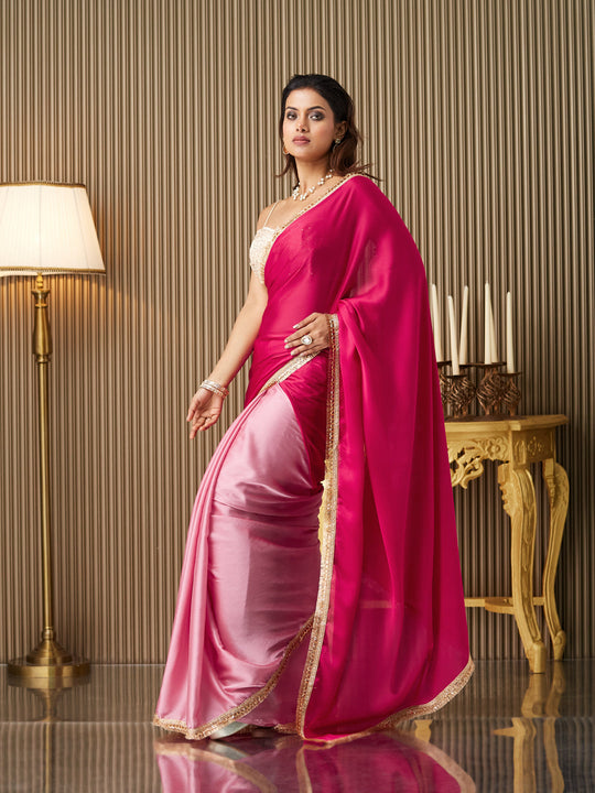 Red Chiffon Colourblocked Saree With Blouse Piece