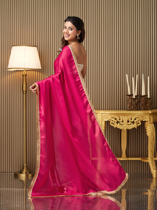 Red Chiffon Colourblocked Saree With Blouse Piece