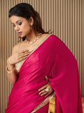 Red Chiffon Colourblocked Saree With Blouse Piece