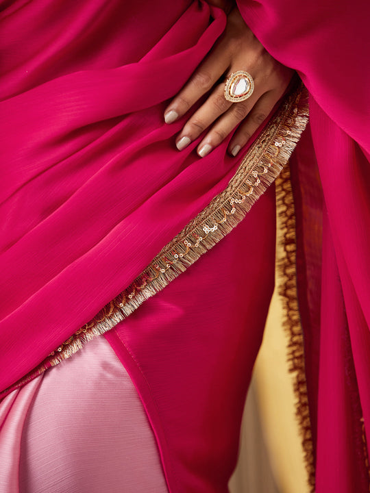 Red Chiffon Colourblocked Saree With Blouse Piece