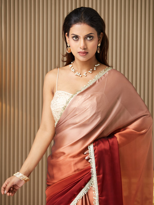 Brown Georgette Embellished Saree With Blouse Piece