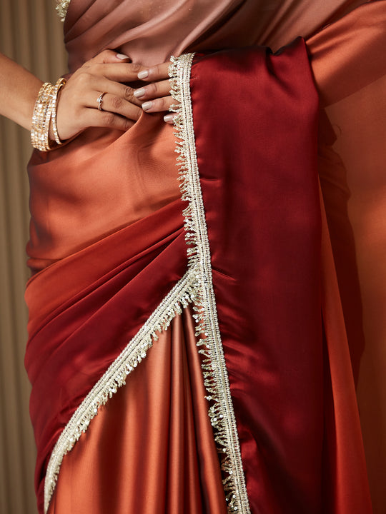 Brown Georgette Embellished Saree With Blouse Piece