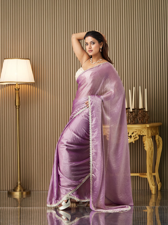 Lavender Satin Embellished Saree With Blouse Piece