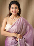 Lavender Satin Embellished Saree With Blouse Piece
