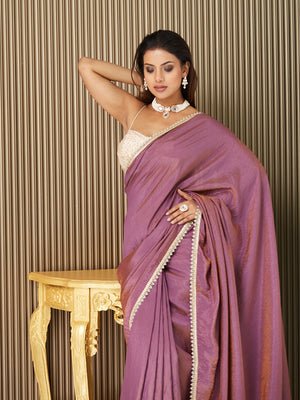 Lavender Satin Embellished Saree With Blouse Piece