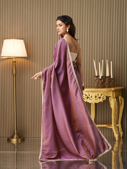 Lavender Satin Embellished Saree With Blouse Piece