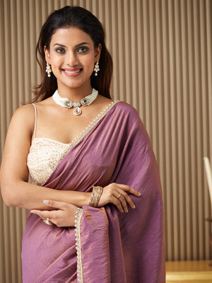 Lavender Satin Embellished Saree With Blouse Piece