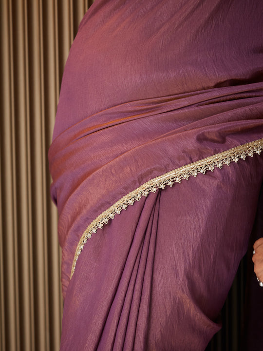 Lavender Satin Embellished Saree With Blouse Piece