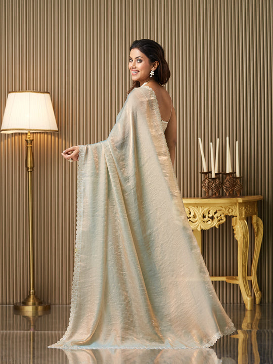 Metallic Satin Embellished Saree With Blouse Piece
