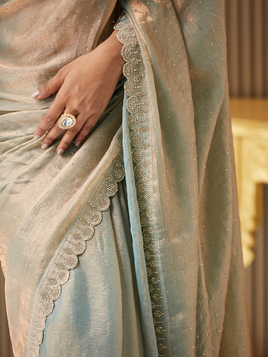Metallic Satin Embellished Saree With Blouse Piece