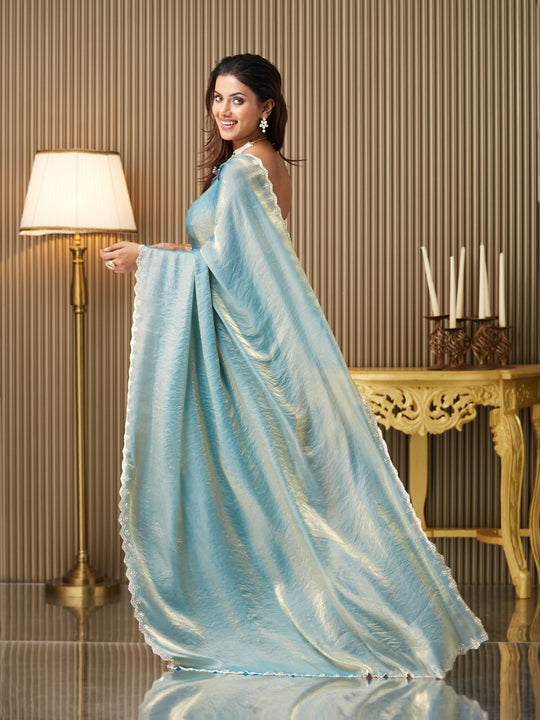 Turquoise Blue Satin Embellished Saree With Blouse Piece