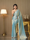 Turquoise Blue Satin Embellished Saree With Blouse Piece