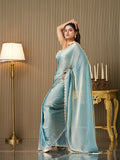 Turquoise Blue Satin Embellished Saree With Blouse Piece