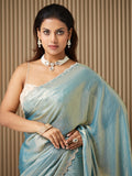 Turquoise Blue Satin Embellished Saree With Blouse Piece