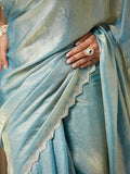 Turquoise Blue Satin Embellished Saree With Blouse Piece