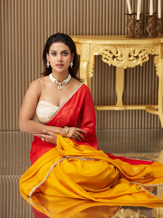 Mustard Chiffon Colourblocked Saree With Blouse Piece