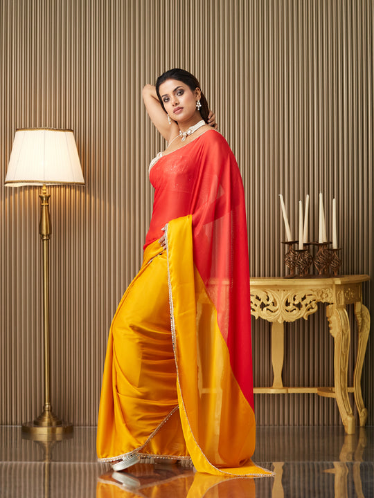 Mustard Chiffon Colourblocked Saree With Blouse Piece