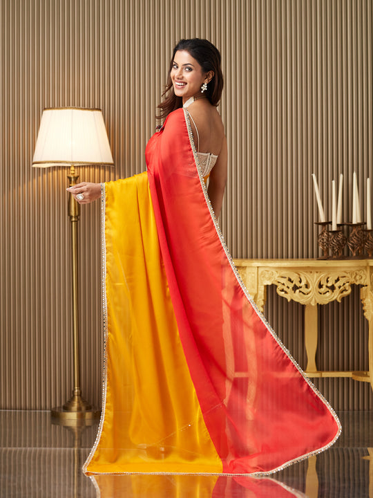 Mustard Chiffon Colourblocked Saree With Blouse Piece