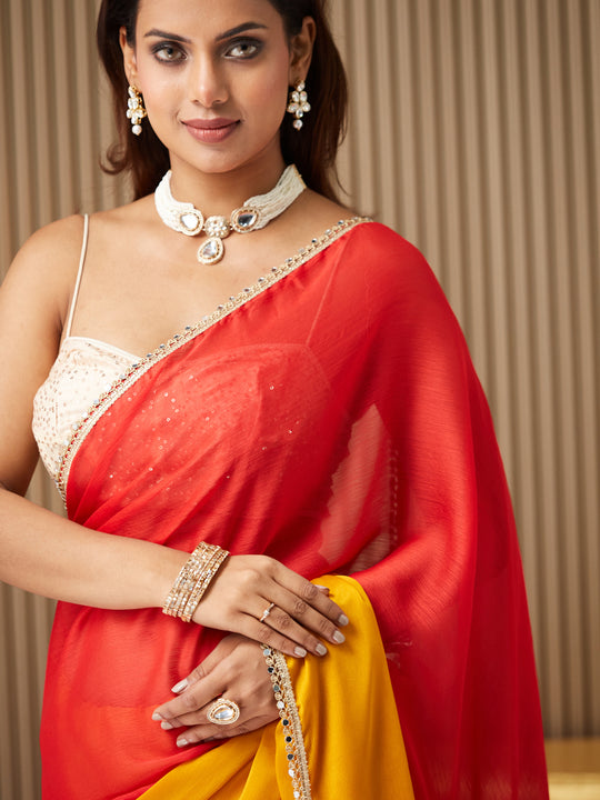 Mustard Chiffon Colourblocked Saree With Blouse Piece