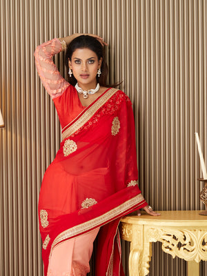 Red Chiffon Embroidered Saree With Blouse Piece