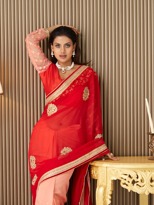 Red Chiffon Embroidered Saree With Blouse Piece