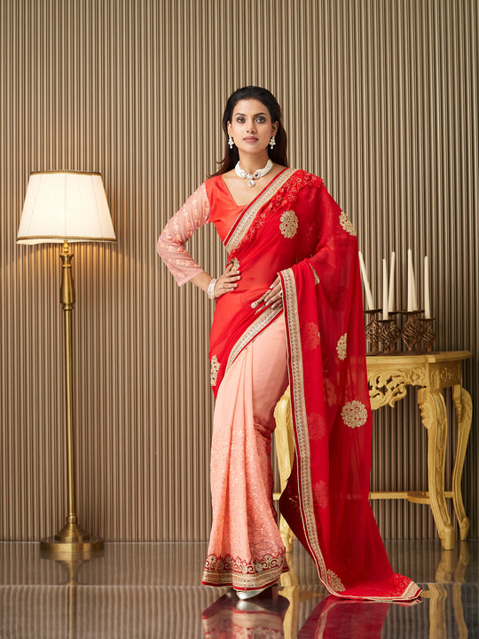 Red Chiffon Embroidered Saree With Blouse Piece