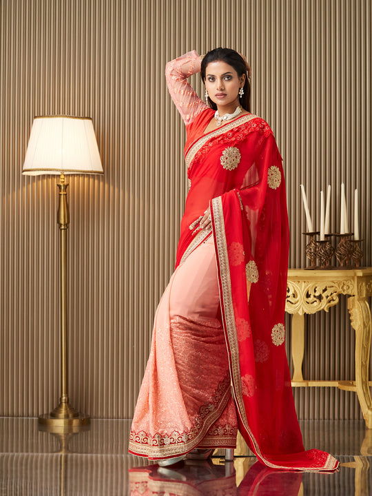 Red Chiffon Embroidered Saree With Blouse Piece