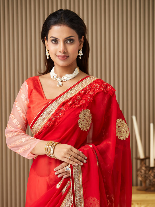 Red Chiffon Embroidered Saree With Blouse Piece