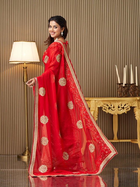 Red Chiffon Embroidered Saree With Blouse Piece