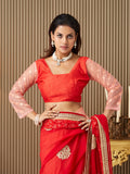 Red Chiffon Embroidered Saree With Blouse Piece