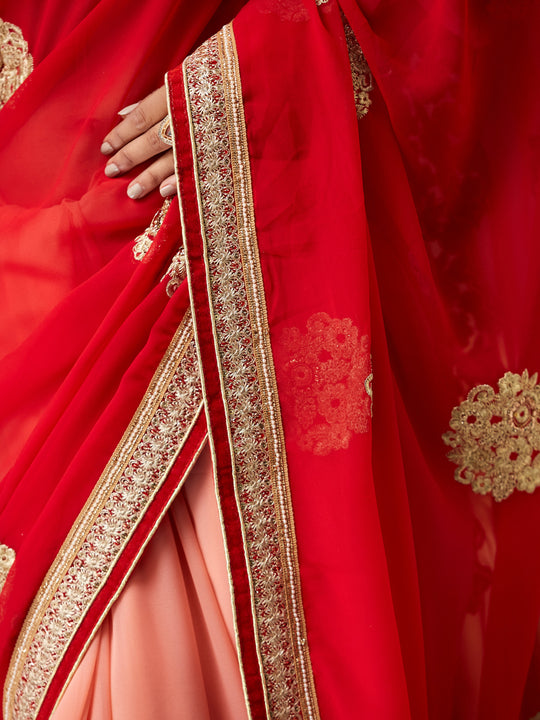 Red Chiffon Embroidered Saree With Blouse Piece
