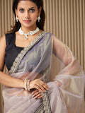 Lavender Organza Embroidered Saree With Blouse Piece