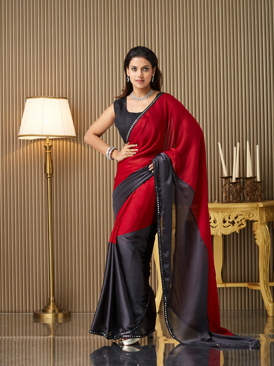 Maroon Chiffon Colourblocked Saree With Blouse Piece