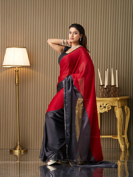 Maroon Chiffon Colourblocked Saree With Blouse Piece