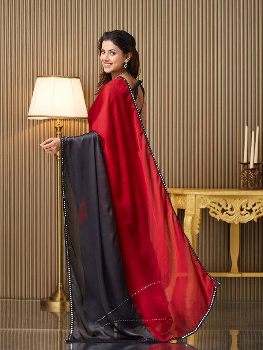 Maroon Chiffon Colourblocked Saree With Blouse Piece