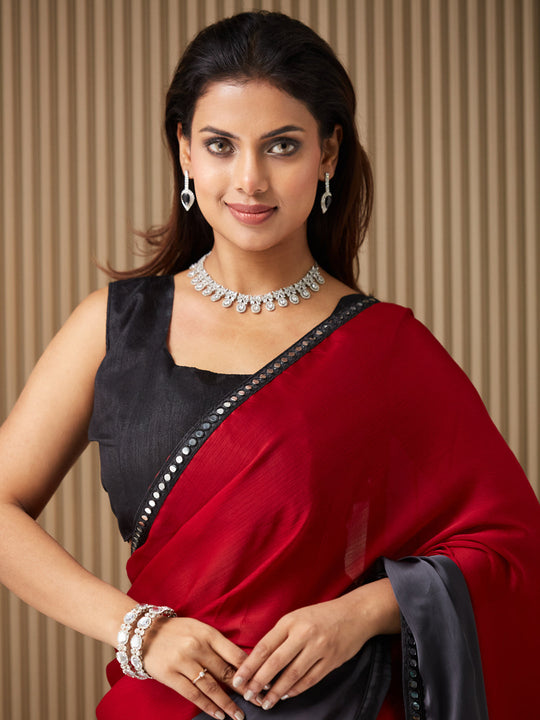 Maroon Chiffon Colourblocked Saree With Blouse Piece