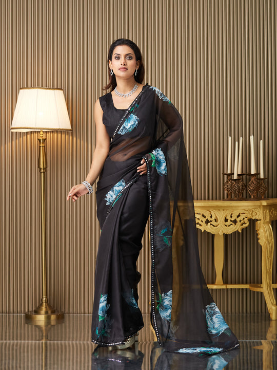 Black Organza Printed Saree With Blouse Piece